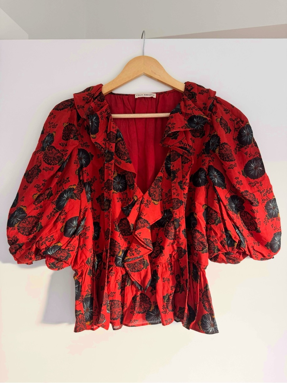 Ulla Johnson red floral cotton puff sleeve ruffle blouse